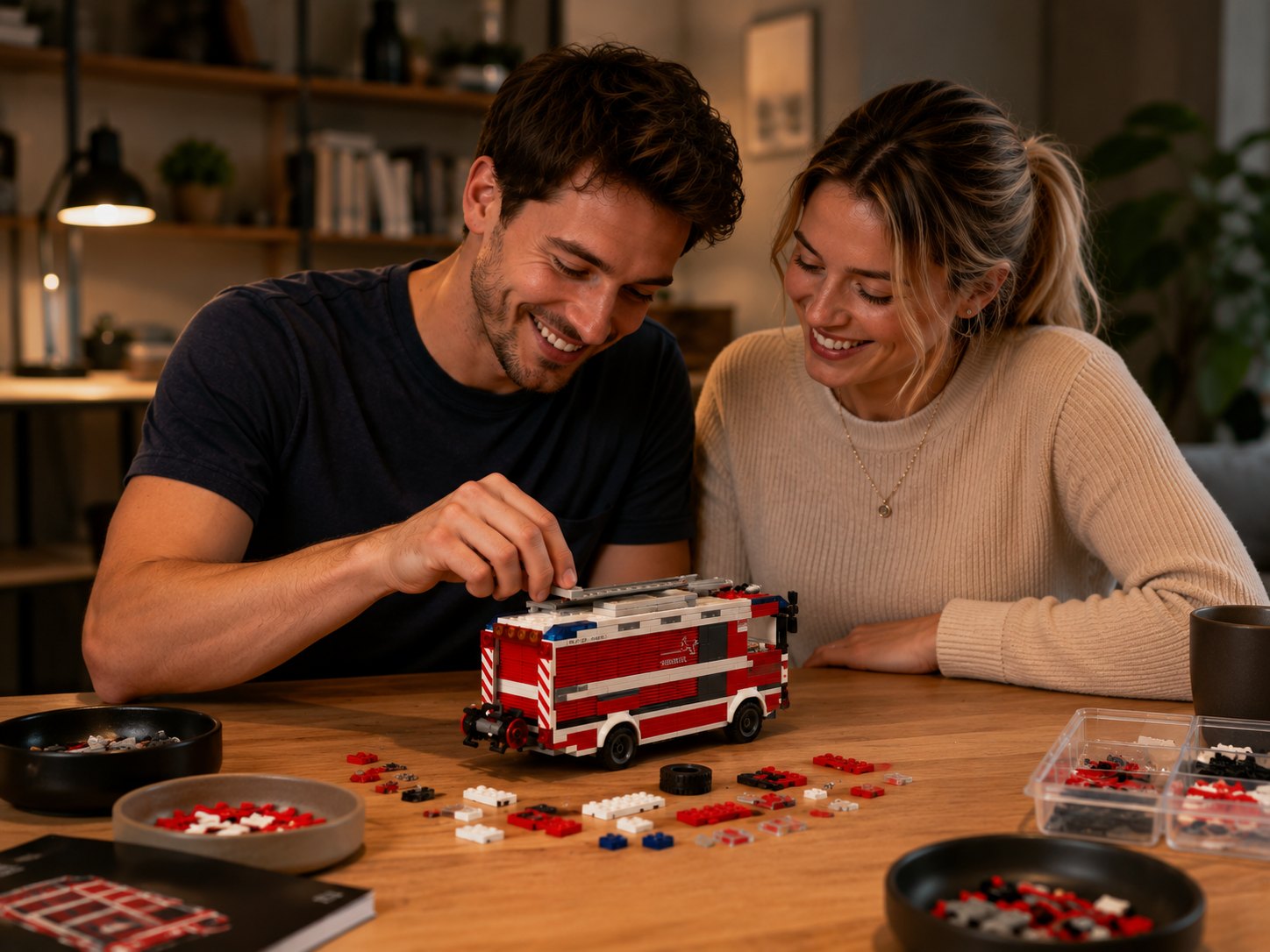 Zwei Personen bauen gemeinsam ein individuelles Klemmbaustein-Modell