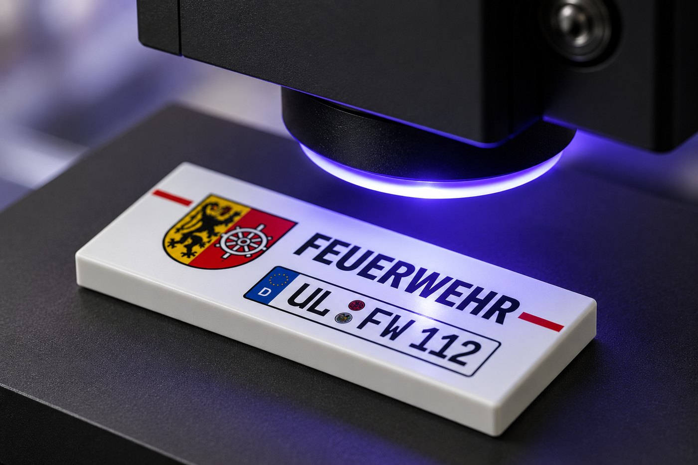 Bedruckter Klemmbaustein mit Feuerwehr-Wappen, Beschriftung und Kennzeichen im UV-Druck